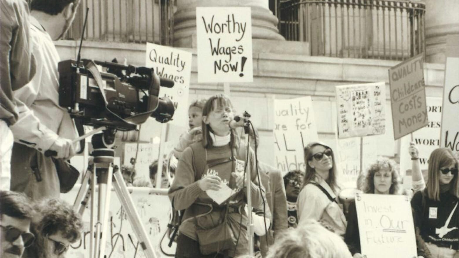 a rally advocating for worthy wages now in the early 1990s