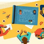 graphic art showing a group of people sitting at a table and making plans