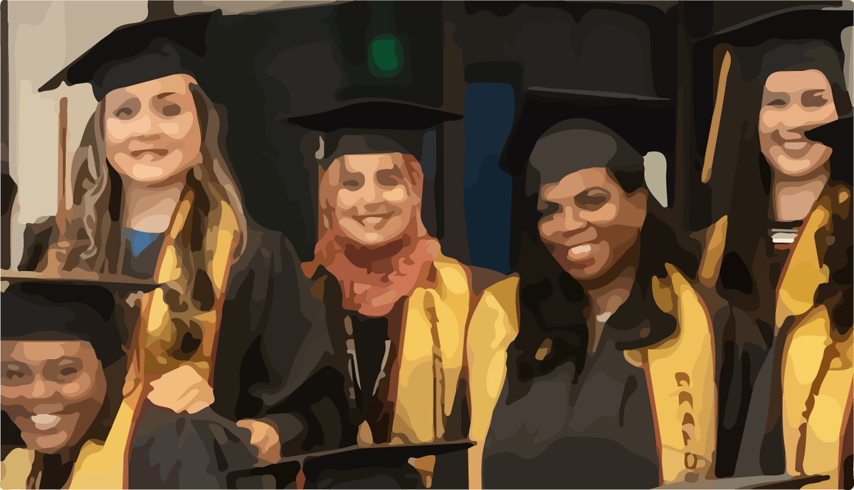 A painting of a diverse group of women posing for a picture in their graduation caps, gowns, and stoles.