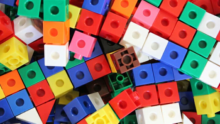 A pile of colorful building blocks.