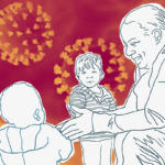 A line drawing of women smiling at two children with coronavirus molecules in the background.