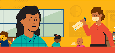 A masked educator spraying a bottle while a child is coughing next to another child and another educator has a worried look on their face, graphic art