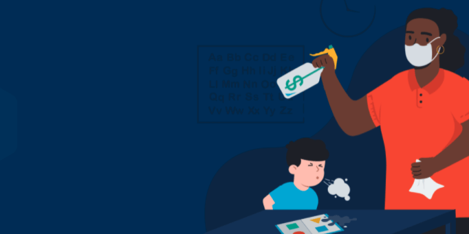 A masked educator spraying a bottle with a money sign on it while a child is coughing onto the table, graphic art
