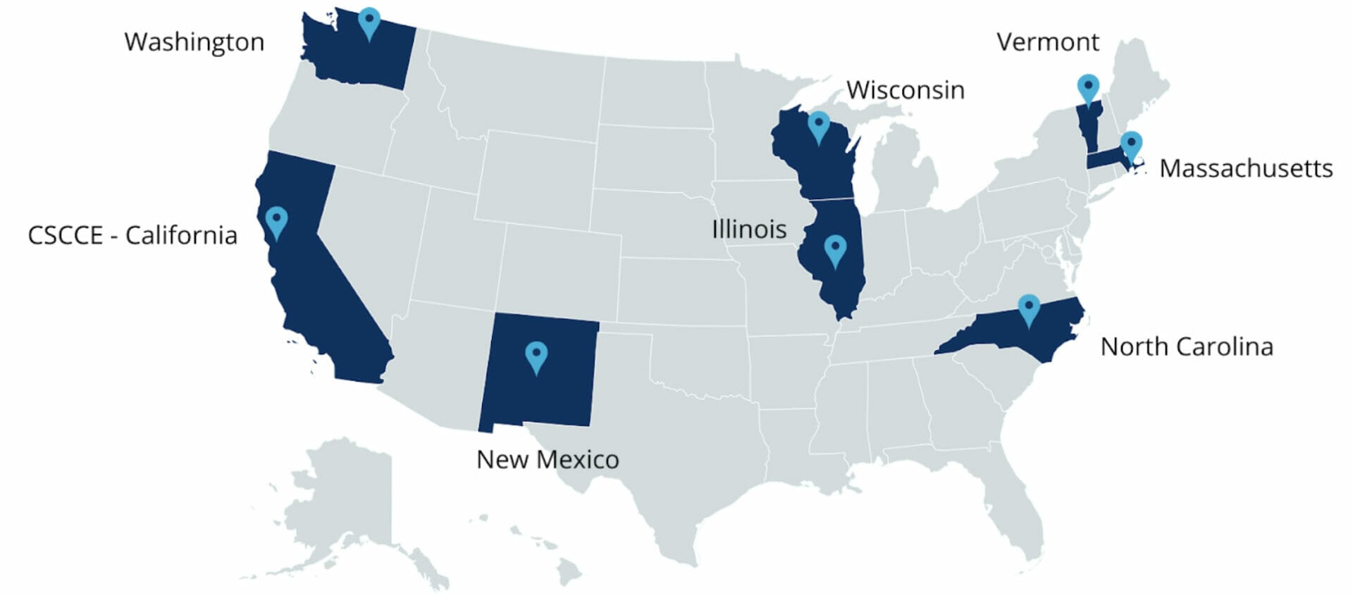 Gray US map with California, Wahington, New Mexico, Illinois, Wisconsin, Vermont, Massachussetts and North Carolina highlighted in blue.