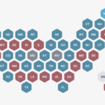 Honeycomb map of the United States of America with each state as a different color.