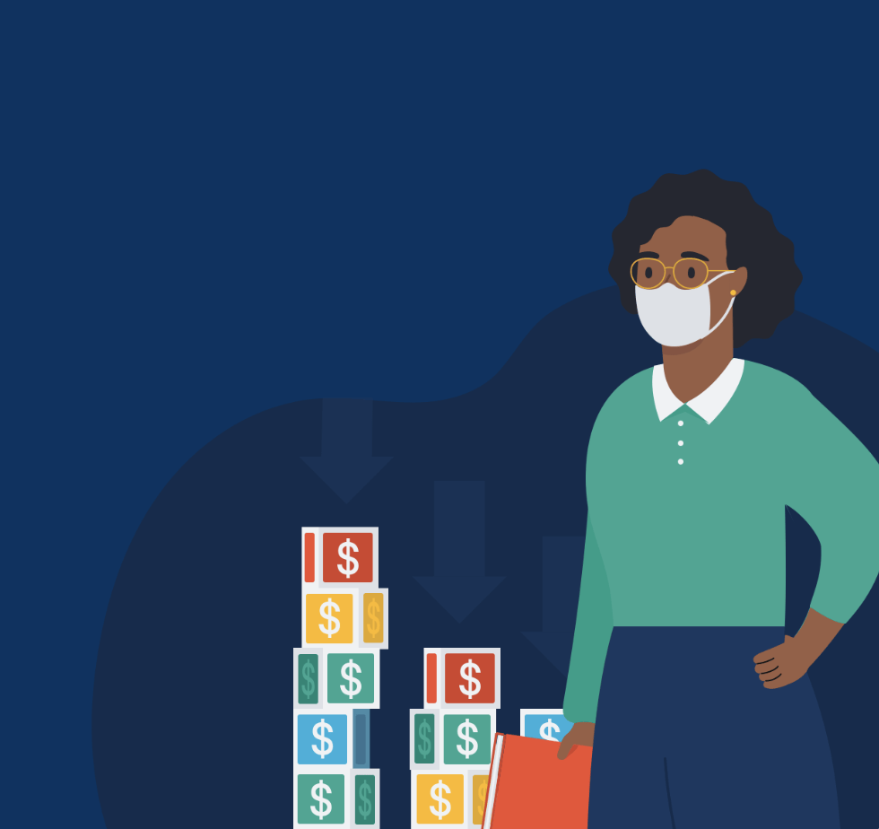 Graphic of a woman with a mask on standing next to a stack of blocks that have dollar signs on them