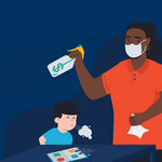 Graphic of woman with a surgical mask on spraying a disinfectant bottle with a dollar sign on it while a child coughs onto the table