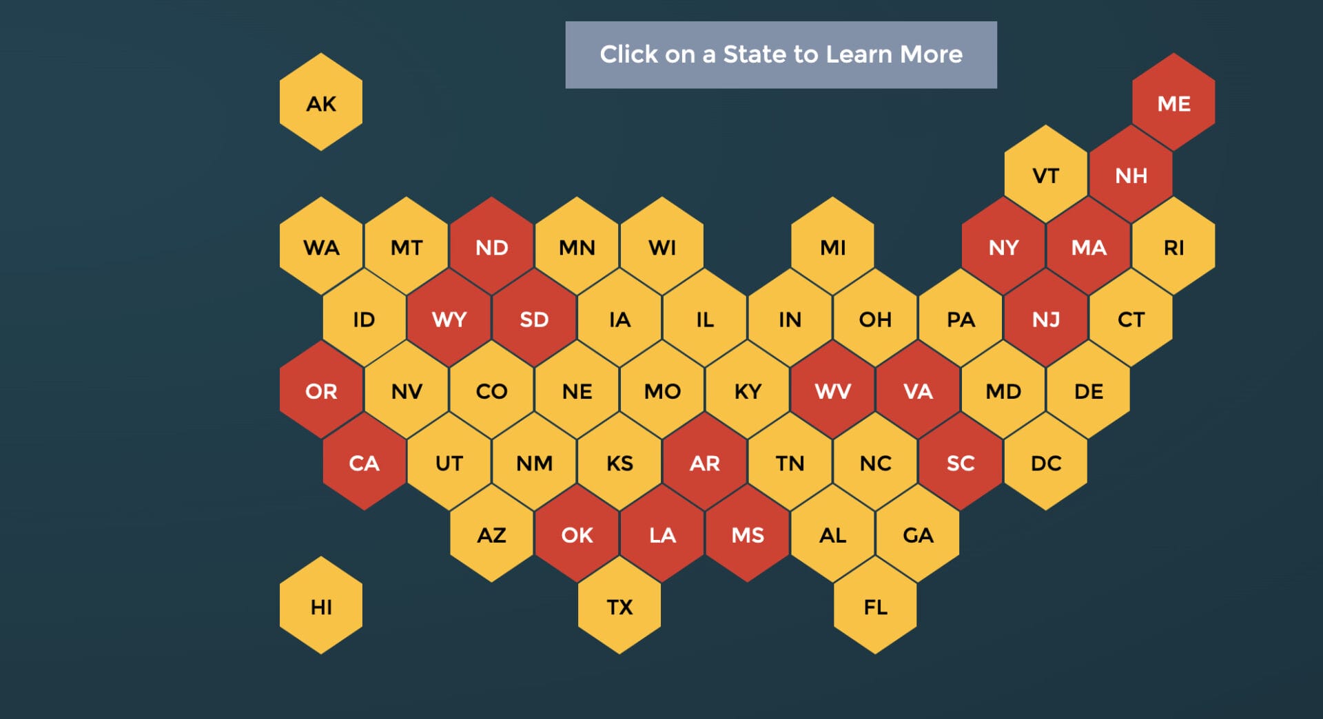 Honeycomb map of the United States of America with some states being colored yellow and other states being colored red