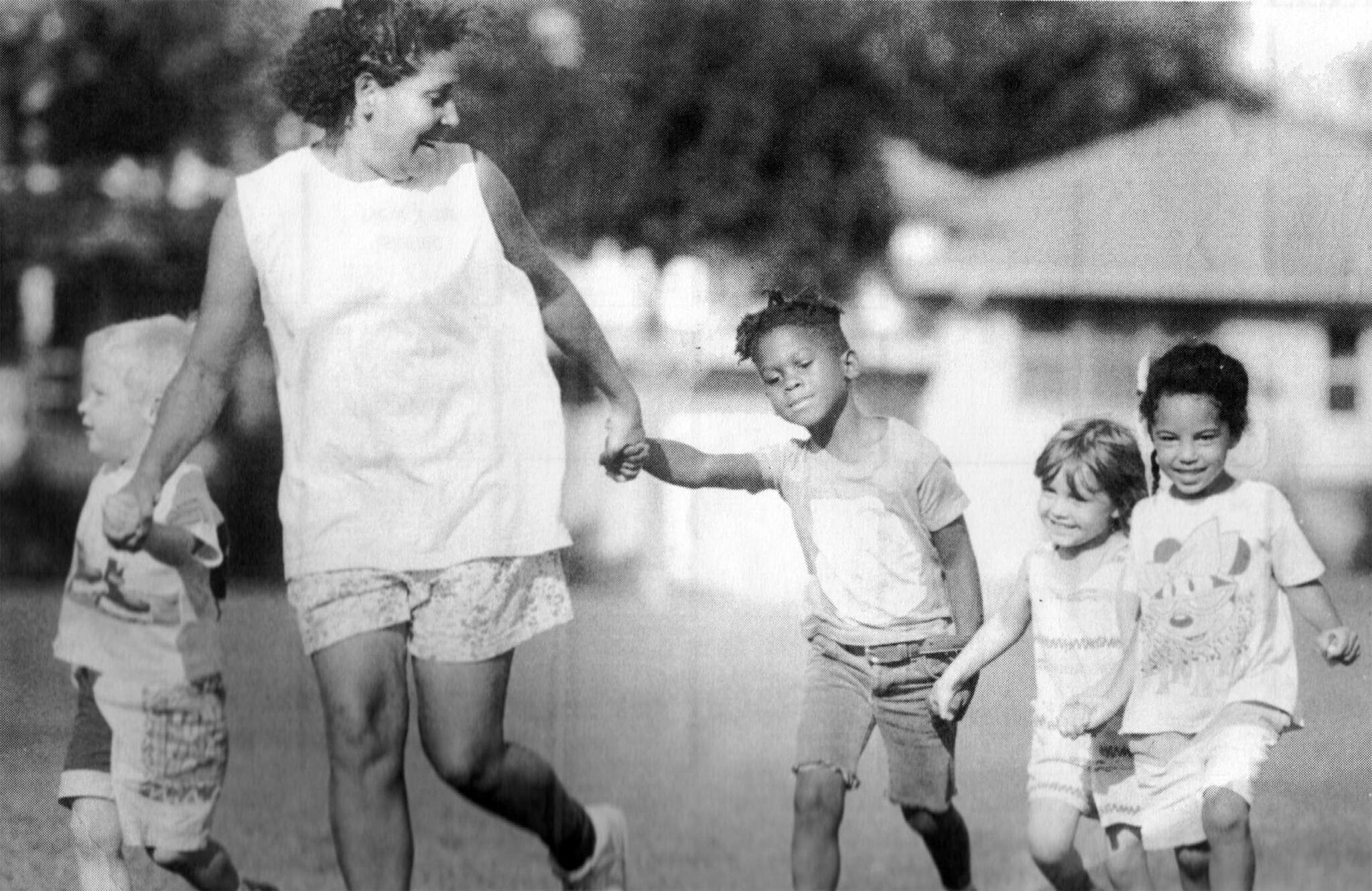 Anne Running With Two Children B&w Cropped