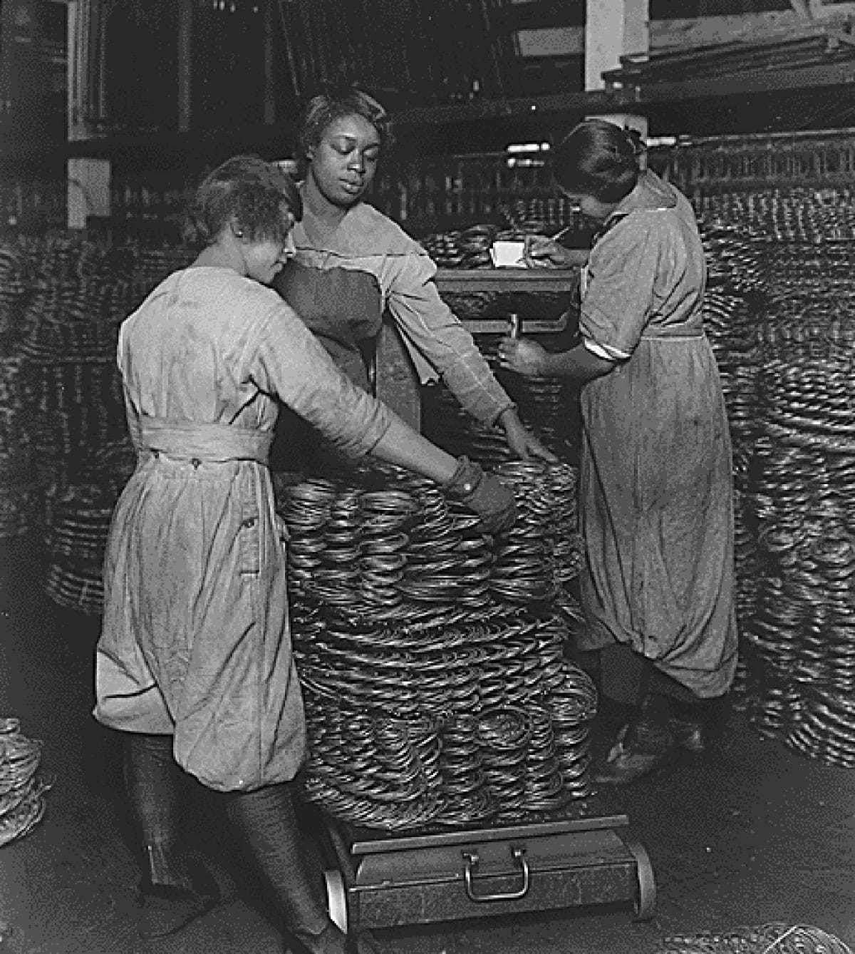1919 Black Women Laborers Weighing Wire Coils and Recording Weights To Establish Wage Rates, In Factory_