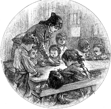 Etching of an educator assisting children seated on benches around a table playing a 'weaving' game 