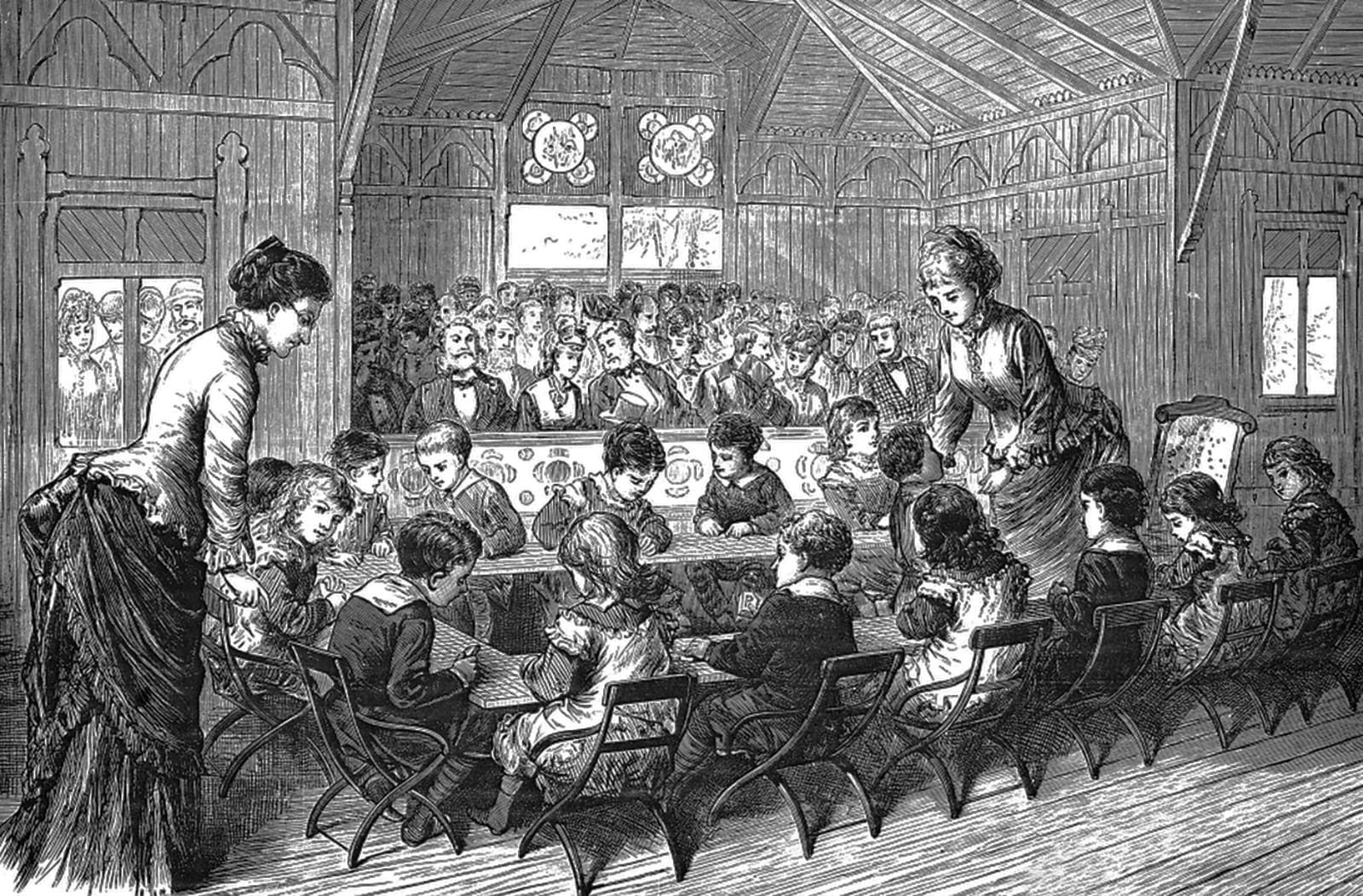 1877 Black and White Wooden Carving_The Instruction of Children in the Kindergarten Cottage-timeline
