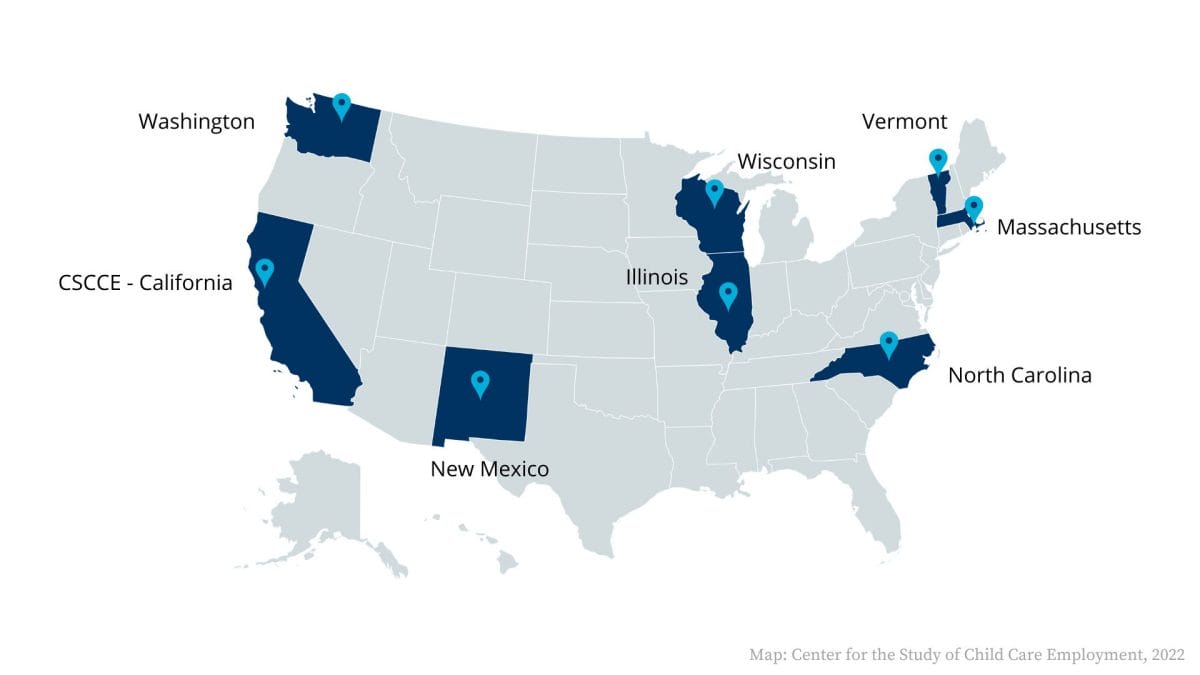 A map highlights in navy blue the seven participating states in the Learning Community. The states are Illinois, Massachusetts, New Mexico, North Carolina, Washington, Wisconsin, and Vermont. California, as the location for CSCCE at UC Berkeley, is highlighted in blue.