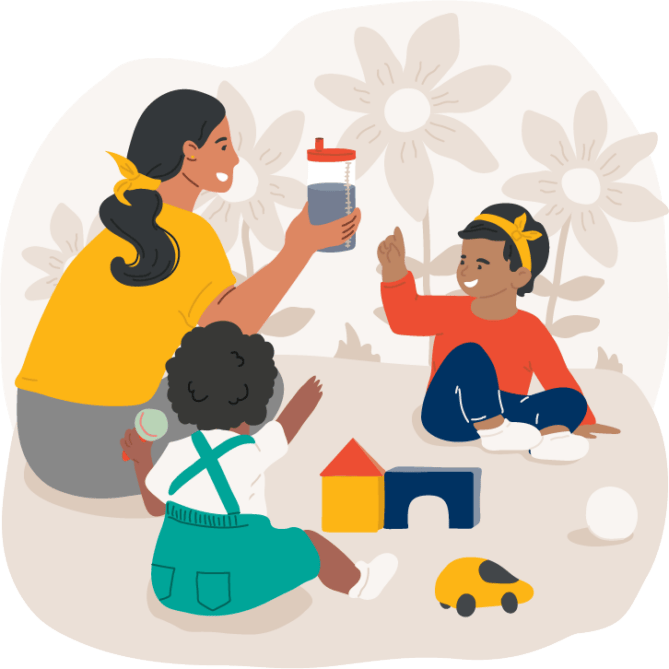 Animated drawing of child care worker with two toddlers sitting on the floor playing with toys.